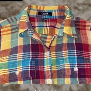 Ladies S Chaps Denim Multicolor Plaid Button Up Long Sleeve Shirt Vintage